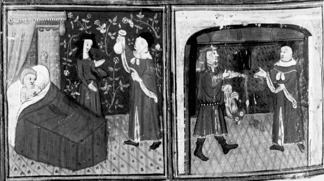 Decameron, Simone lægen giver Calandrino infusionen; Calandrino betaler lægen. Niende dag, novelle 3 af Giovanni Boccaccio