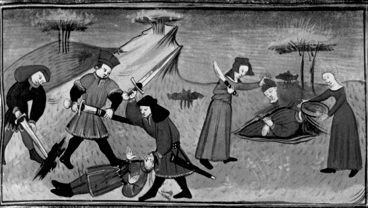 Decameron, Lorenzo bliver dræbt af Lisabettas brødre; Lisabetta gemmer sin elskedes hoved i en vase. Fjerde dag, novelle 5 af Giovanni Boccaccio