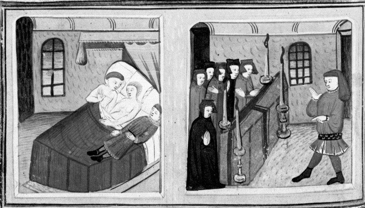 Decameron, Lorenzo bliver dræbt af Lisabettas brødre; Lisabetta gemmer sin elskedes hoved i en vase. Fjerde dag, novelle 8 af Giovanni Boccaccio