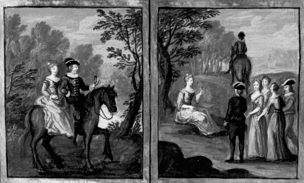 Decameron, Madame Oretta indvilliger i at ride med en rytter; Oretta stiger af. Sjette dag, novelle 1 af Giovanni Boccaccio