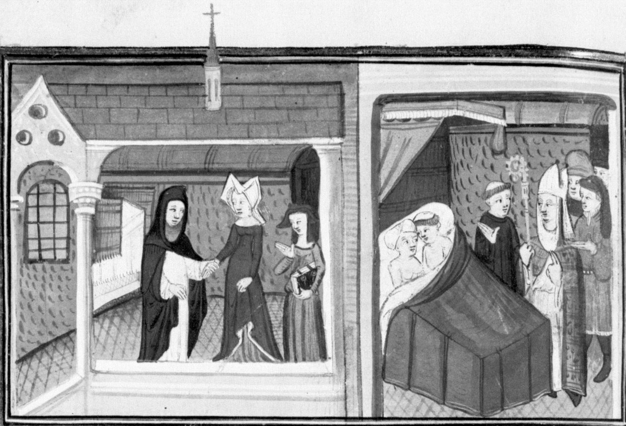 Decameron, Madame Piccarda besøger sognepræsten i Fiesole; sognepræsten overraskes af biskoppen i seng med tjenestepigen. Dag otte, novelle 4 af Giovanni Boccaccio