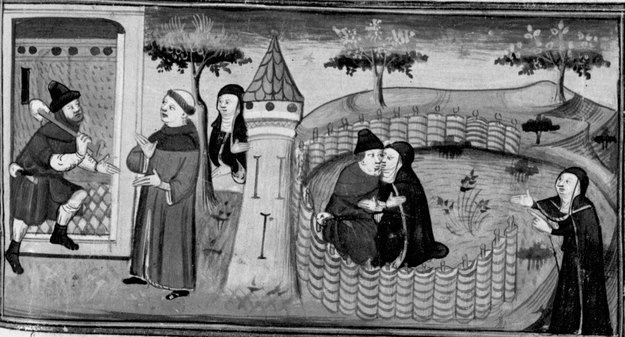 Decameron, Masetto beder vogteren om tilladelse til at gå ind i klosteret; Masetto kysser en nonne. Tredje dag, novelle 1 af Giovanni Boccaccio