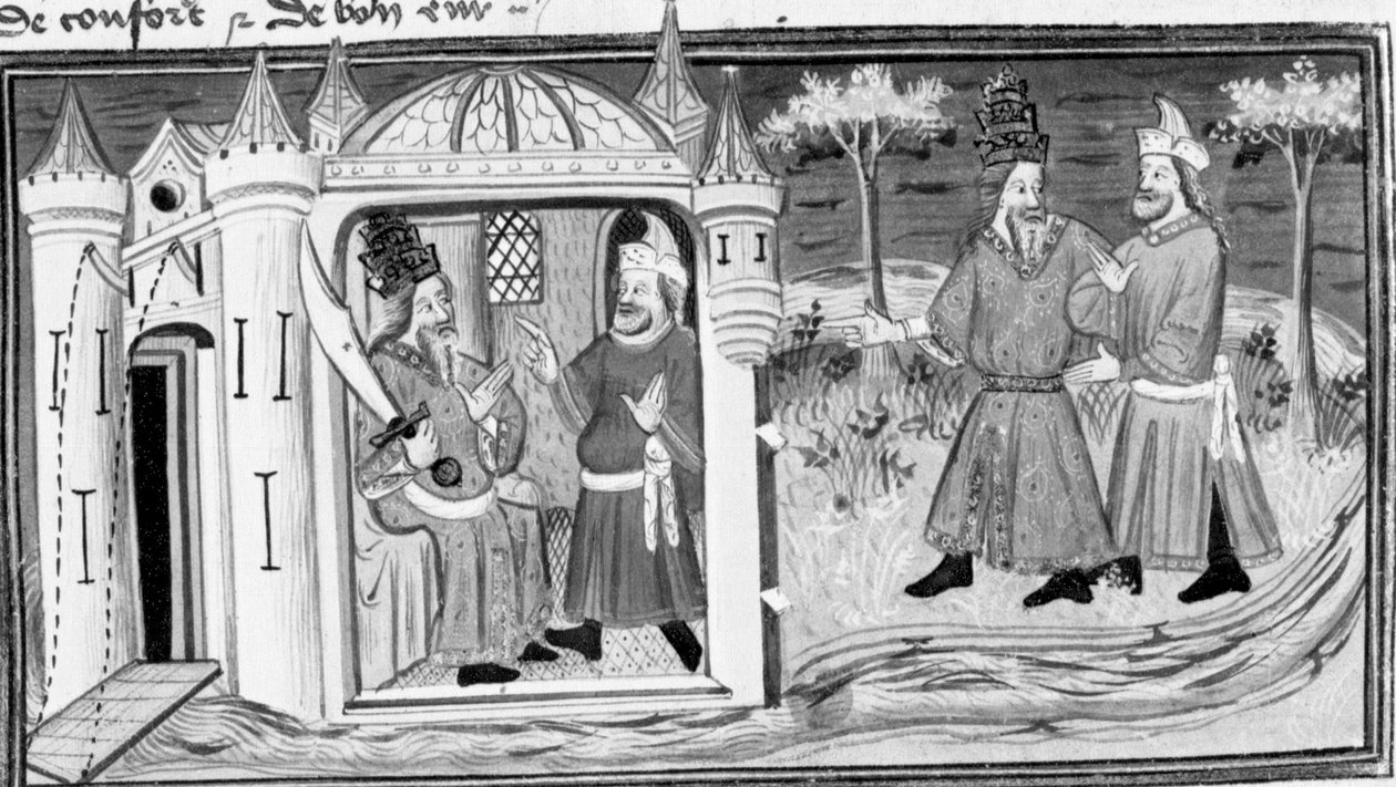 Decameron, Melchisedek fortæller Saladin lignelsen om de tre ringe; de to mænd bliver venner. Første dag, novelle 3. af Giovanni Boccaccio