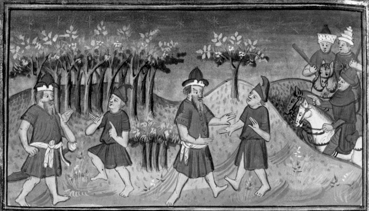 Dekameron, Mitridanes møder Natan i skoven; de to mænd bliver forsonet. Den tiende dag, novelle 1 af Giovanni Boccaccio