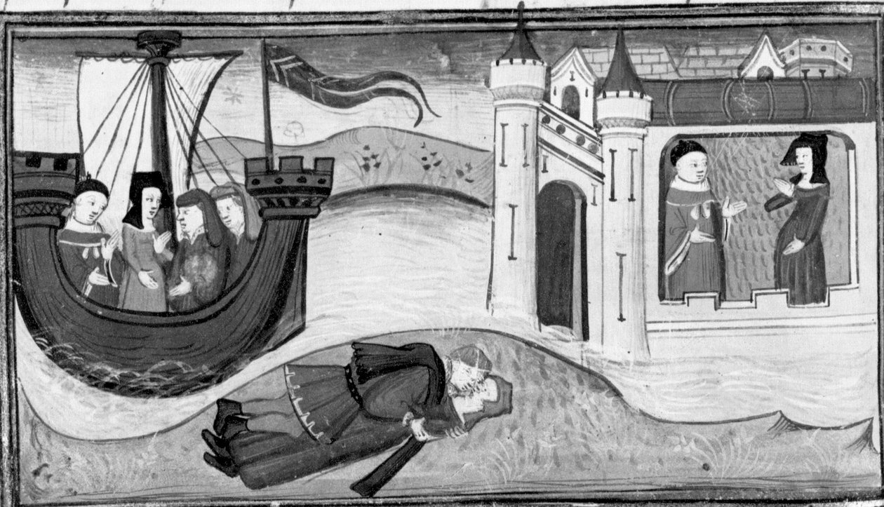 Decameron, Paganino kidnapper Ricciardos kone; Paganino går i seng med Bartolomea; Ricciardo taler med sin kone. Anden dag, novelle 10 af Giovanni Boccaccio