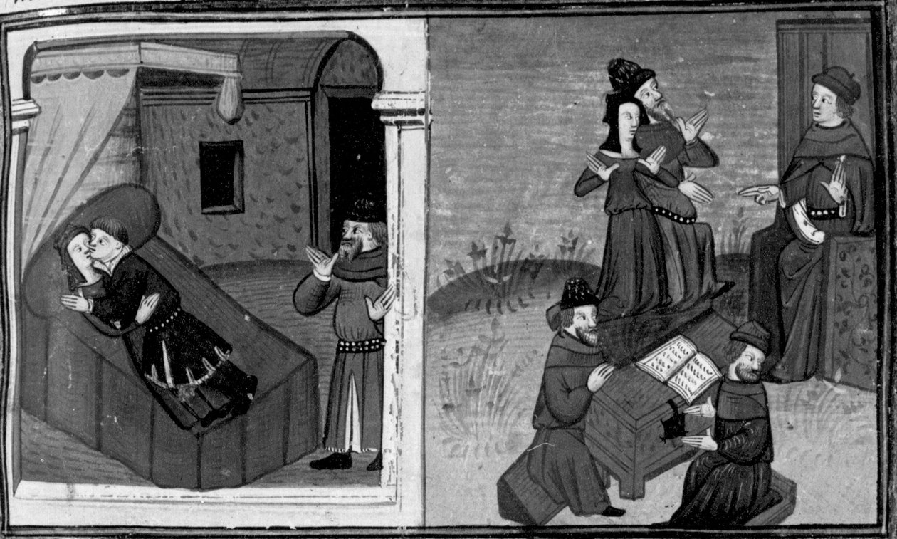 Decameron, Philippa bliver opdaget af sin mand under utroskab; konen forsvarer sig over for dommeren . Sjette dag, novelle 7 af Giovanni Boccaccio