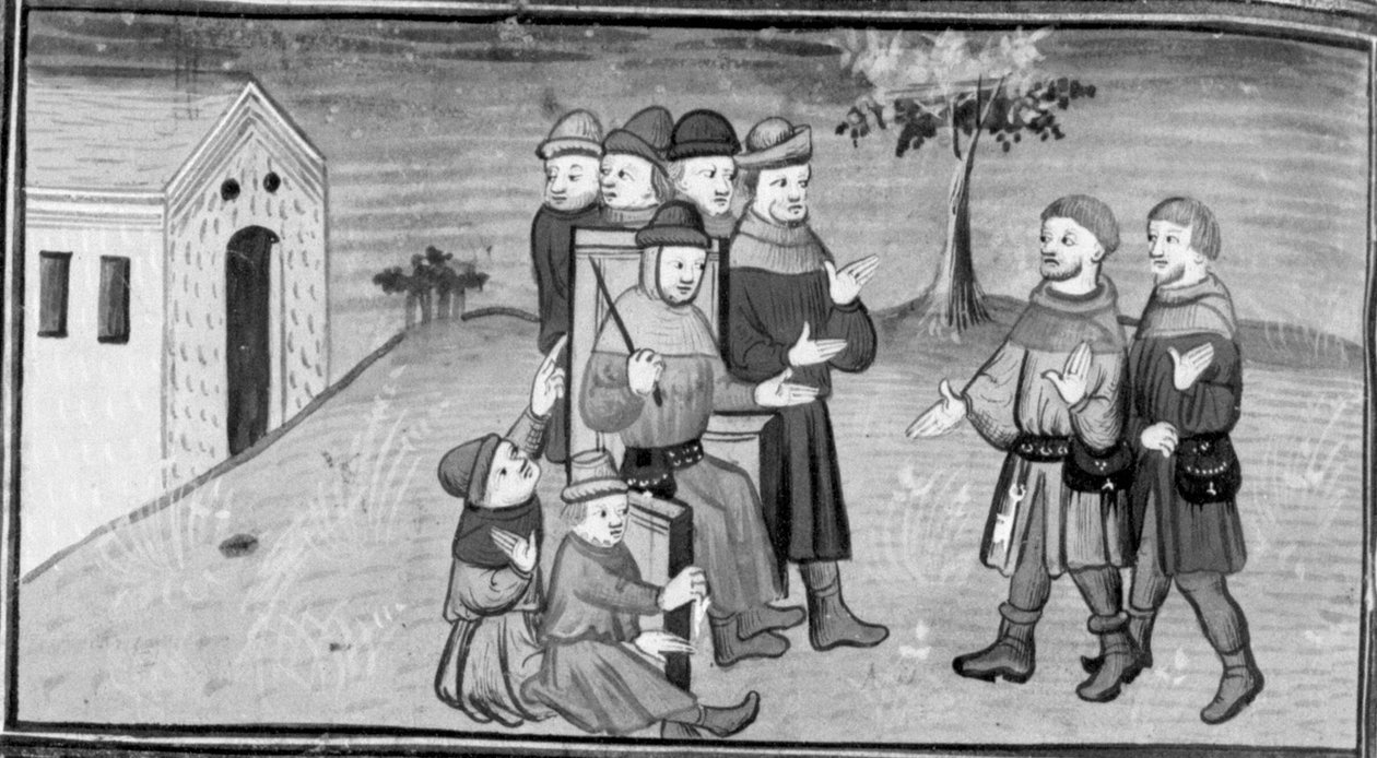 Decameron, Ribi og Maso del Saggio distraherer dommer Nicola, mens Matteuzzo trækker i sine bukser. Dag otte, nyhed 5 af Giovanni Boccaccio