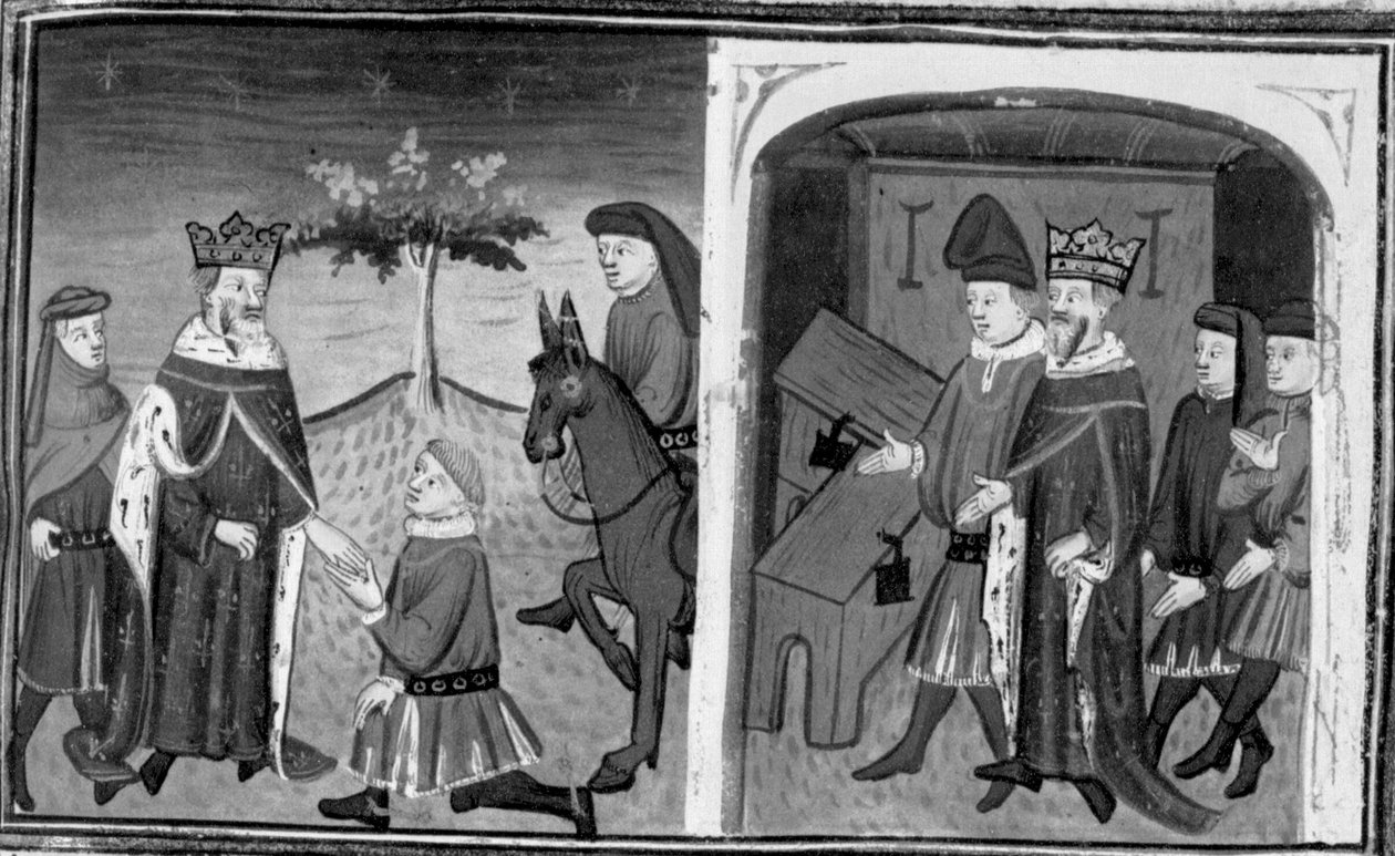 Decameron, Ruggieri forlader kong Alfonso; kongen inviterer Ruggieri til at vælge mellem to kister. Den tiende dag, novelle 1 af Giovanni Boccaccio