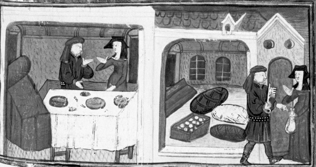 Decameron, Salabaetto sidder til bords med Iancofiore; Salabaetto får udleveret nøglen til lagerbygningen. Dag otte, nyhed 10 af Giovanni Boccaccio