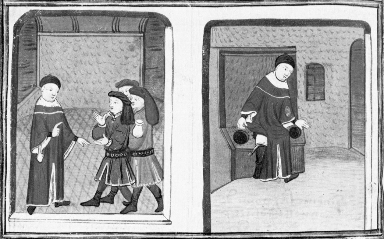 Decameron, Simone da Villa taler med Bruno og Buffalmacco; mesteren falder ned i en latrin. Dag otte, nyhed 9 af Giovanni Boccaccio