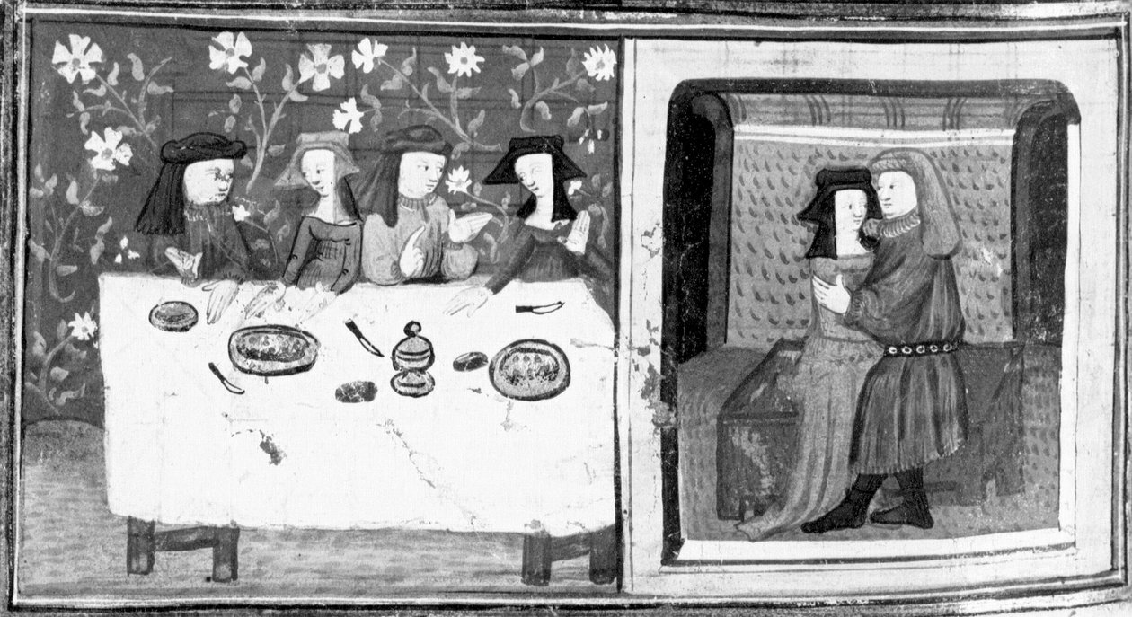 Decameron, Spinelloccio og Zeppa sidder til bords med deres koner; Zeppa kysser Spinelloccios kone. Dag otte, novelle 8 af Giovanni Boccaccio