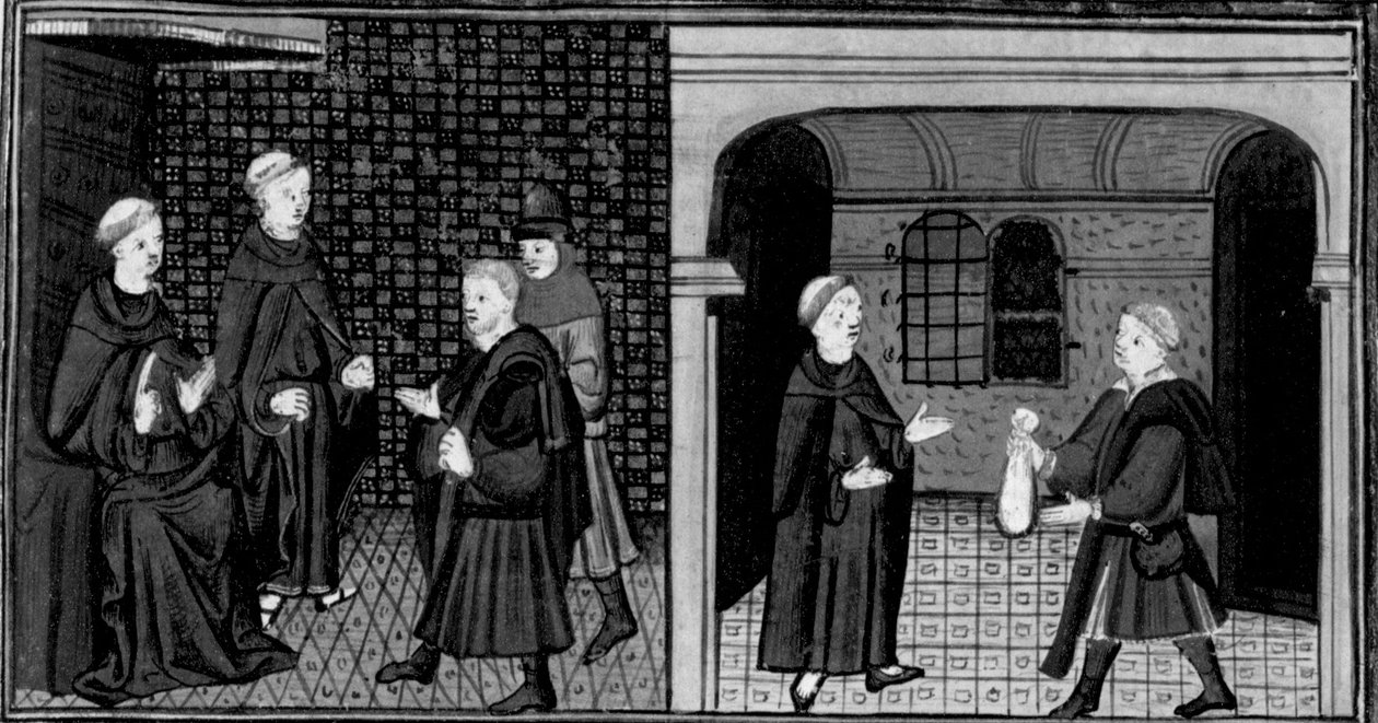 Decameron, En inkvisitor udspørger en mand; manden giver inkvisitoren penge. Første dag, nyhed 6. af Giovanni Boccaccio