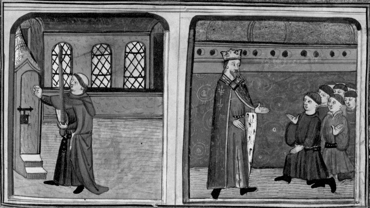 Decameron, En brudgom banker på dronningens dør forklædt som konge; kongen konfronterer sine tjenere. Tredje dag, novelle 2 af Giovanni Boccaccio