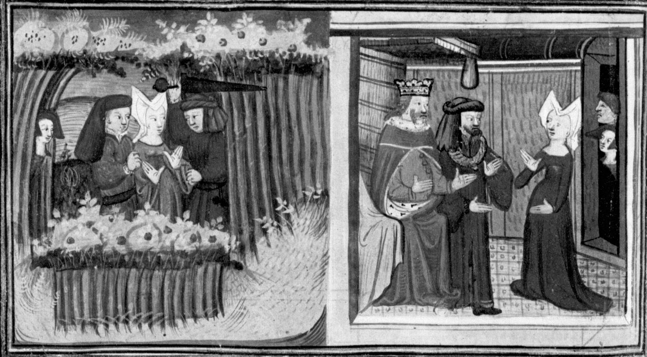 Decameron, En kvinde bliver overfaldet på Cypern; kvinden får audiens hos kongen. Første dag, nyhed 9. af Giovanni Boccaccio