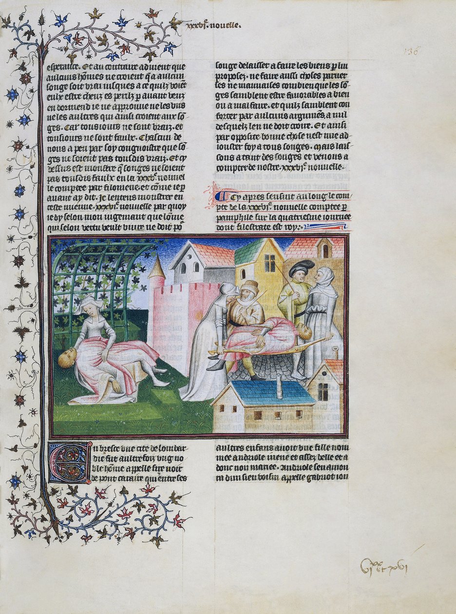 Gabriotto dør i Andreuolas arme, Andreuola bringer sit lig hjem og bliver arresteret, Andreuola erklæres uskyldig og bliver nonne, miniature af Decameron, fjerde dag, sjette fortælling, af Giovanni Boccaccio (1313-1375) af Giovanni Boccaccio