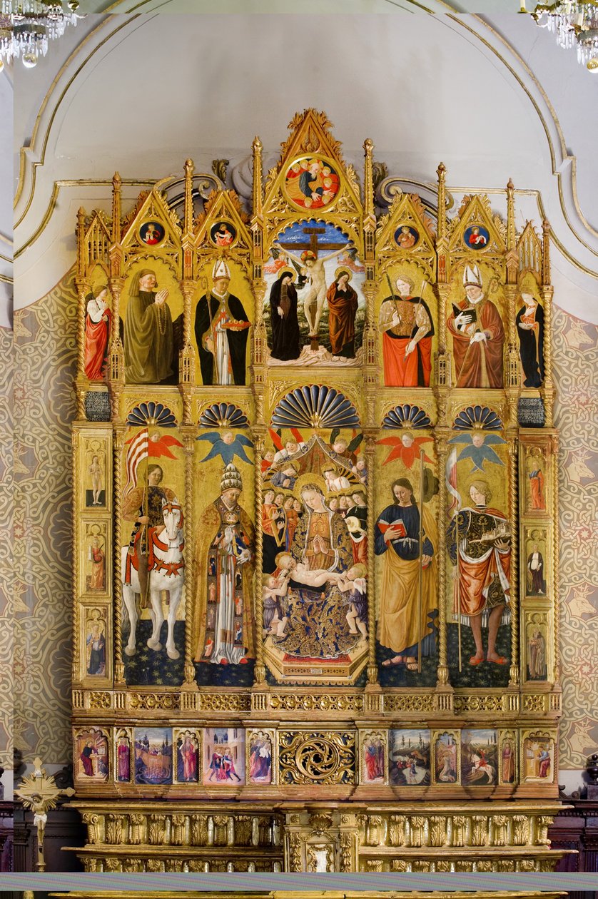 Polyptyk med Madonna og barnet tronende mellem Sankt Eustace, Sankt Peter, Sankt Jakob den Store, Sankt Venantius, Beato Guardato, Sankt Nikolaus af Bari, Kristi korsfæstelse, Sankt Sebastian og Sankt Eleutherius, historier fra Sankt Eu