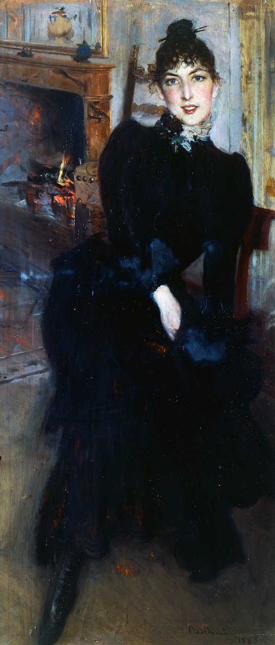 Alaide Banti ved pejsen (olie på panel) af Giovanni Boldini