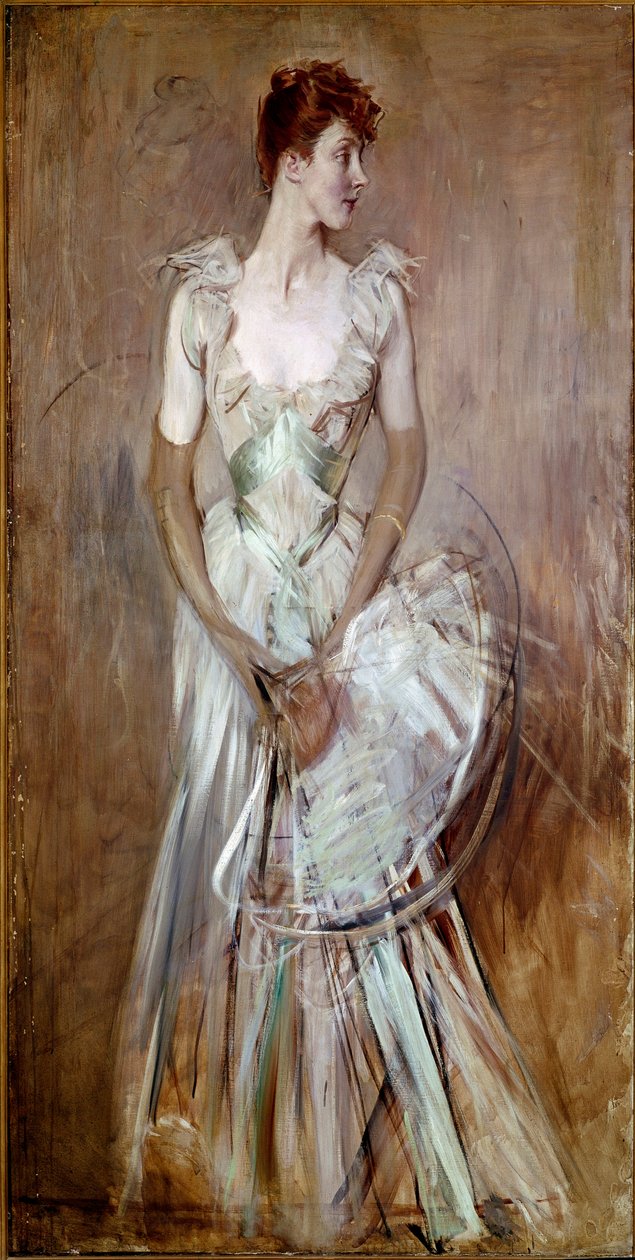 Smuk periode: "" Portræt af grevinden af Leusse nee Berthier""" Kvinde i elegant hvid aftenkjole. Maleri af Giovanni Boldini (1842-1931) søn. 200x105 cm Pistoia, Boldini Collection af Giovanni Boldini