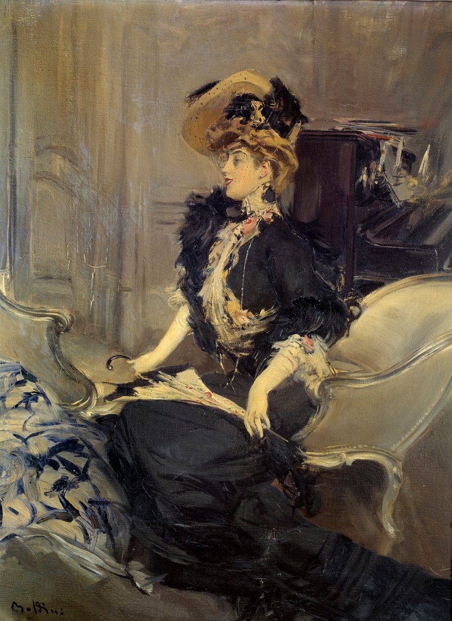 Belle Epoque: "" besøget""" Elegant ung kvinde i aftenkjole. Maleri af Giovanni Boldini af Giovanni Boldini