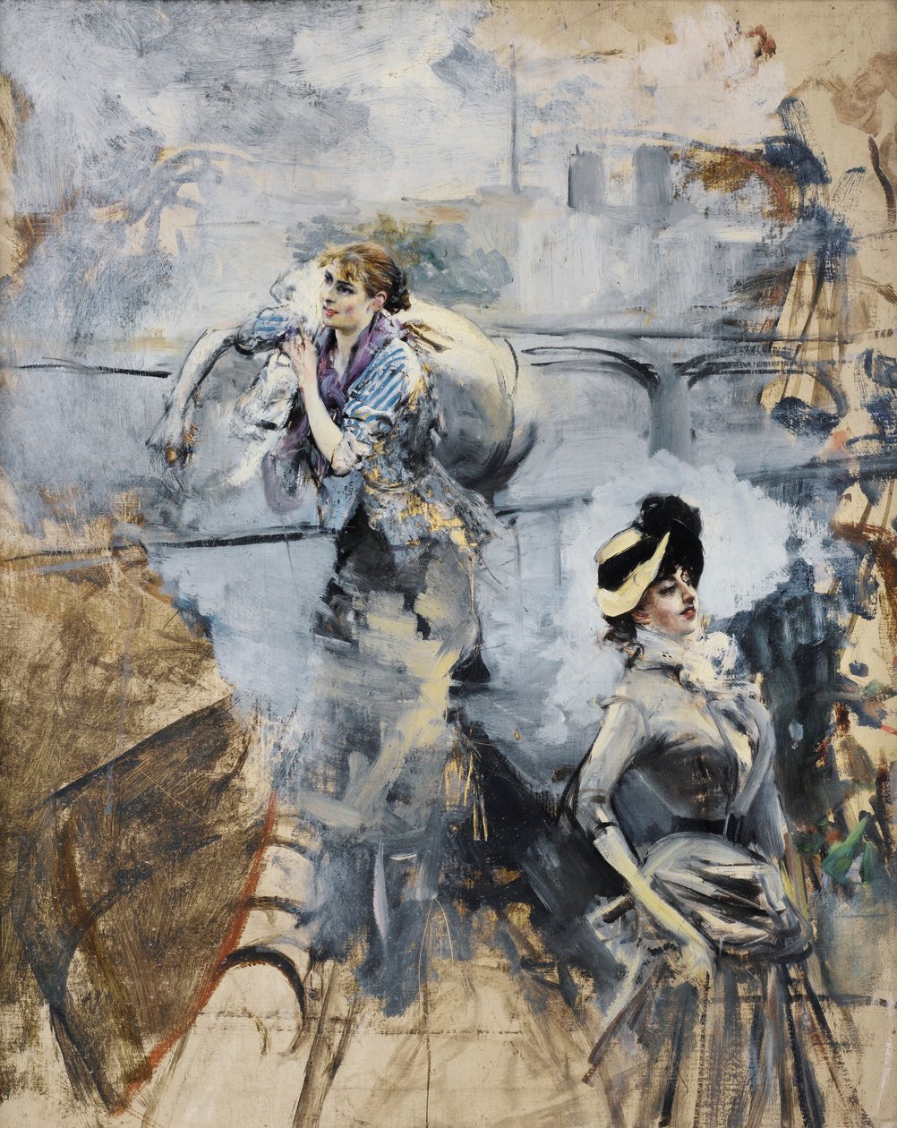Boldini - VASKEKONE OG UNG BRUNETTE VED SØEN, PARIS af Giovanni Boldini