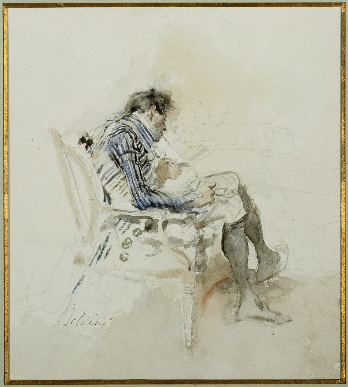 Herre, der sidder i en lænestol, læser en bog og ryger en pibe af Giovanni Boldini
