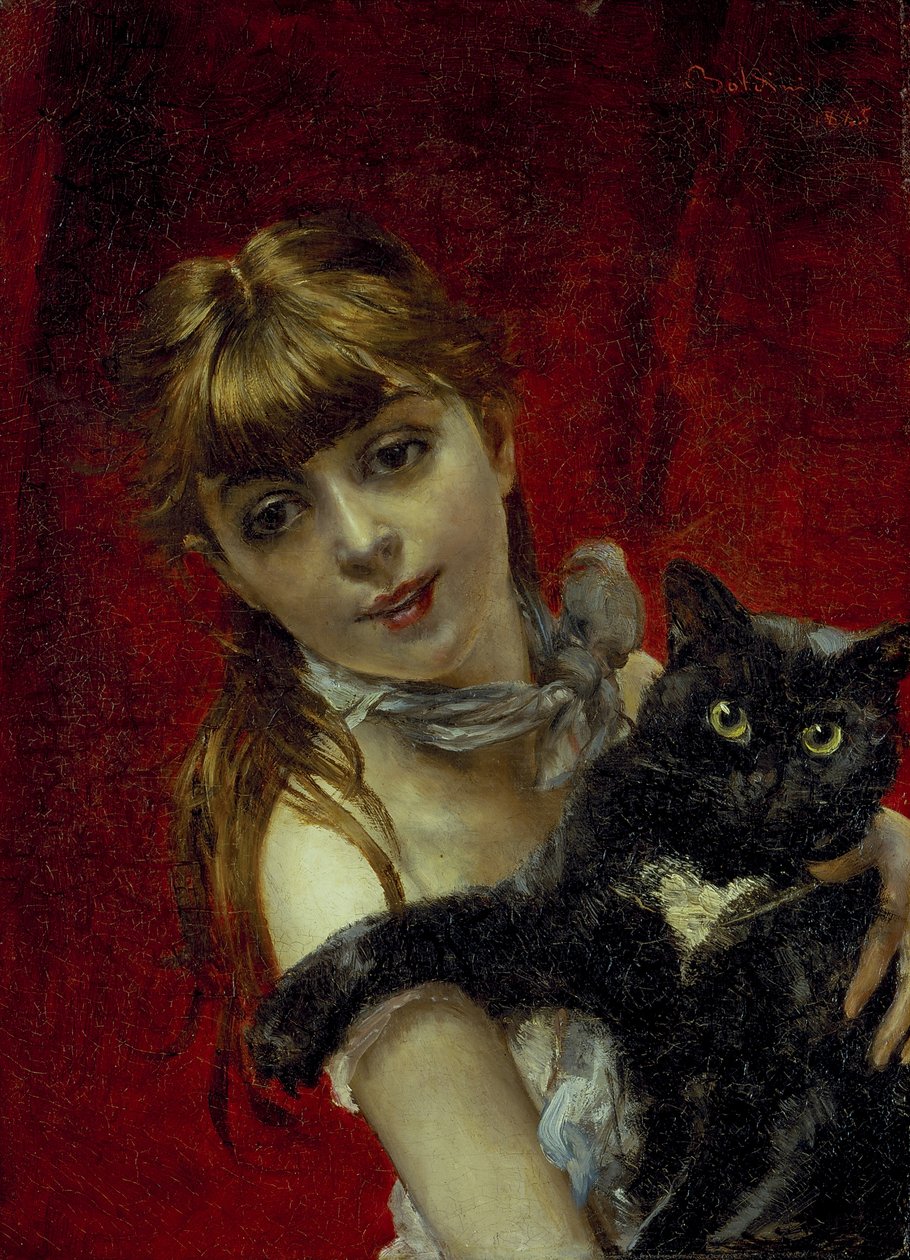 Pige med sort kat, ca. 1885 (olie på lærred) af Giovanni Boldini