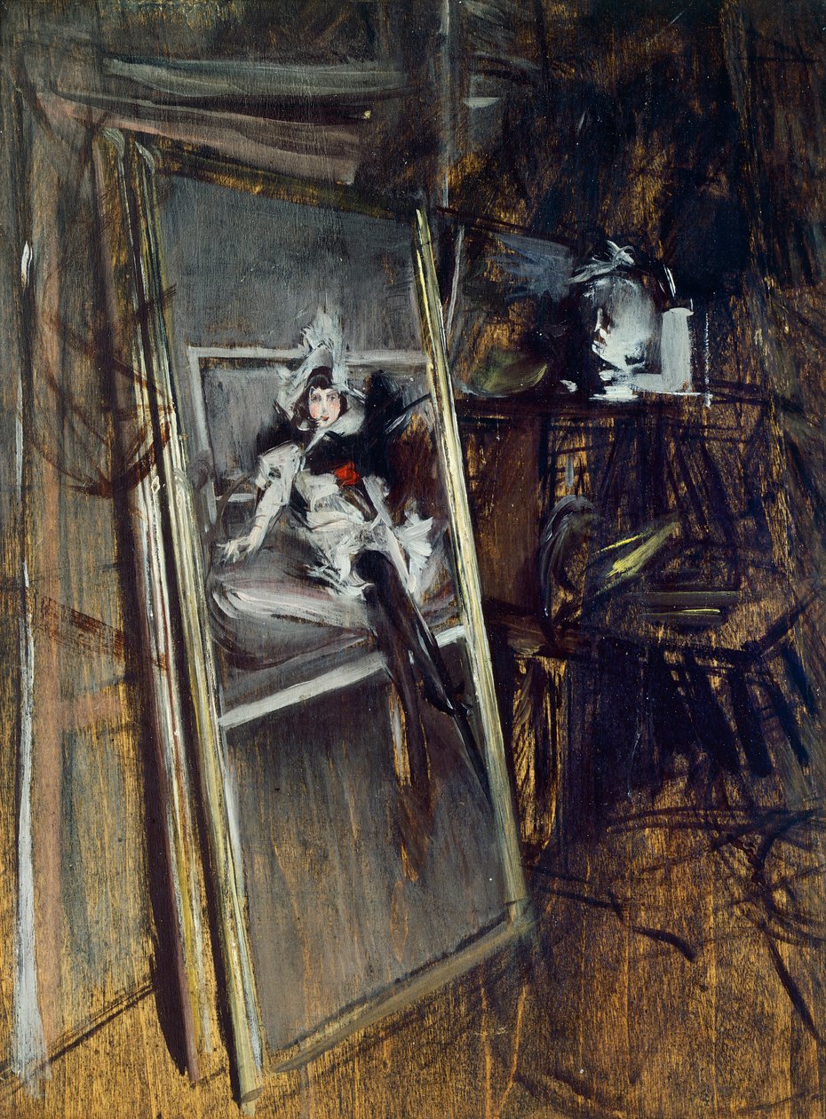 Inde i malerens atelier med maleri Young Girl, Errazuriz, af Giovanni Boldini (1842-1931) af Giovanni Boldini
