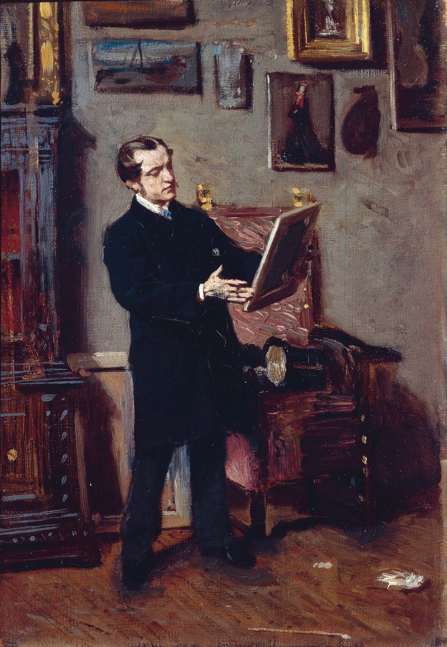 Italien, Firenze, ung mand, der ser på maleri af Giovanni Boldini
