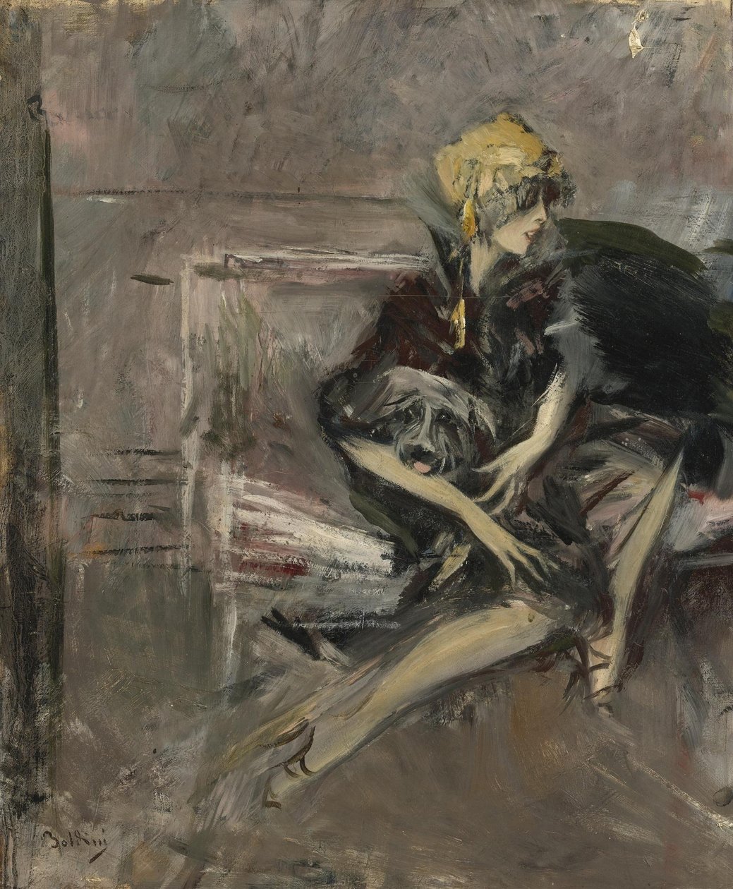 Dame i en gul hat med sin hund Marchesa Casati af Giovanni Boldini
