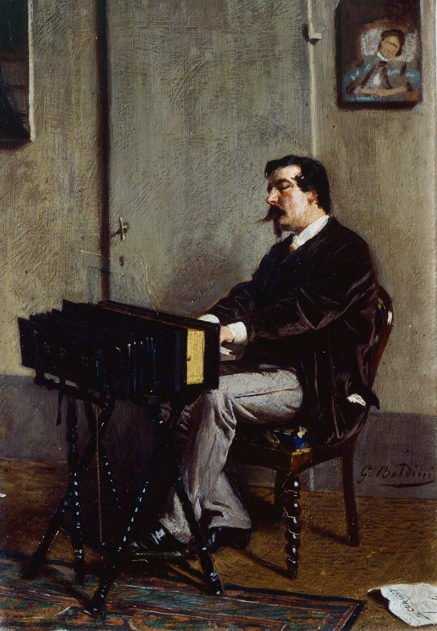 Maler Cristiano Banti ved harmonium af Giovanni Boldini (1842-1931), olie på lærred, 28x19 cm af Giovanni Boldini