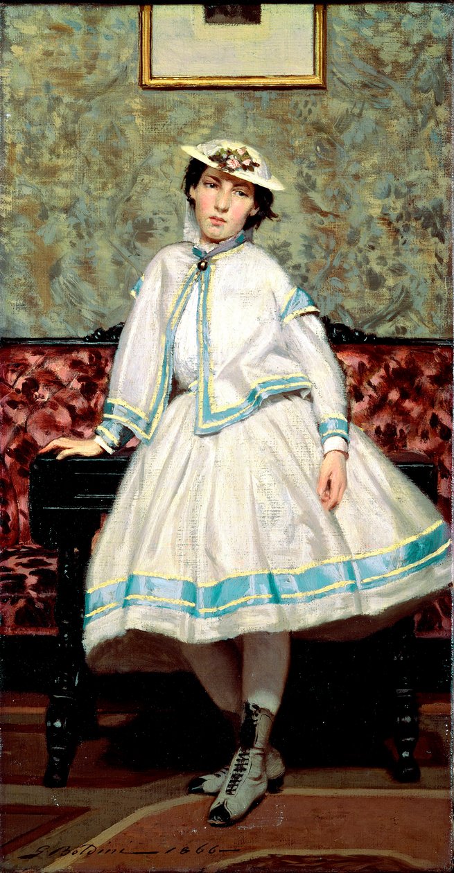 Portræt af Alade Banti i hvid. Maleri af Giovanni Boldini (1842-1931) af Giovanni Boldini