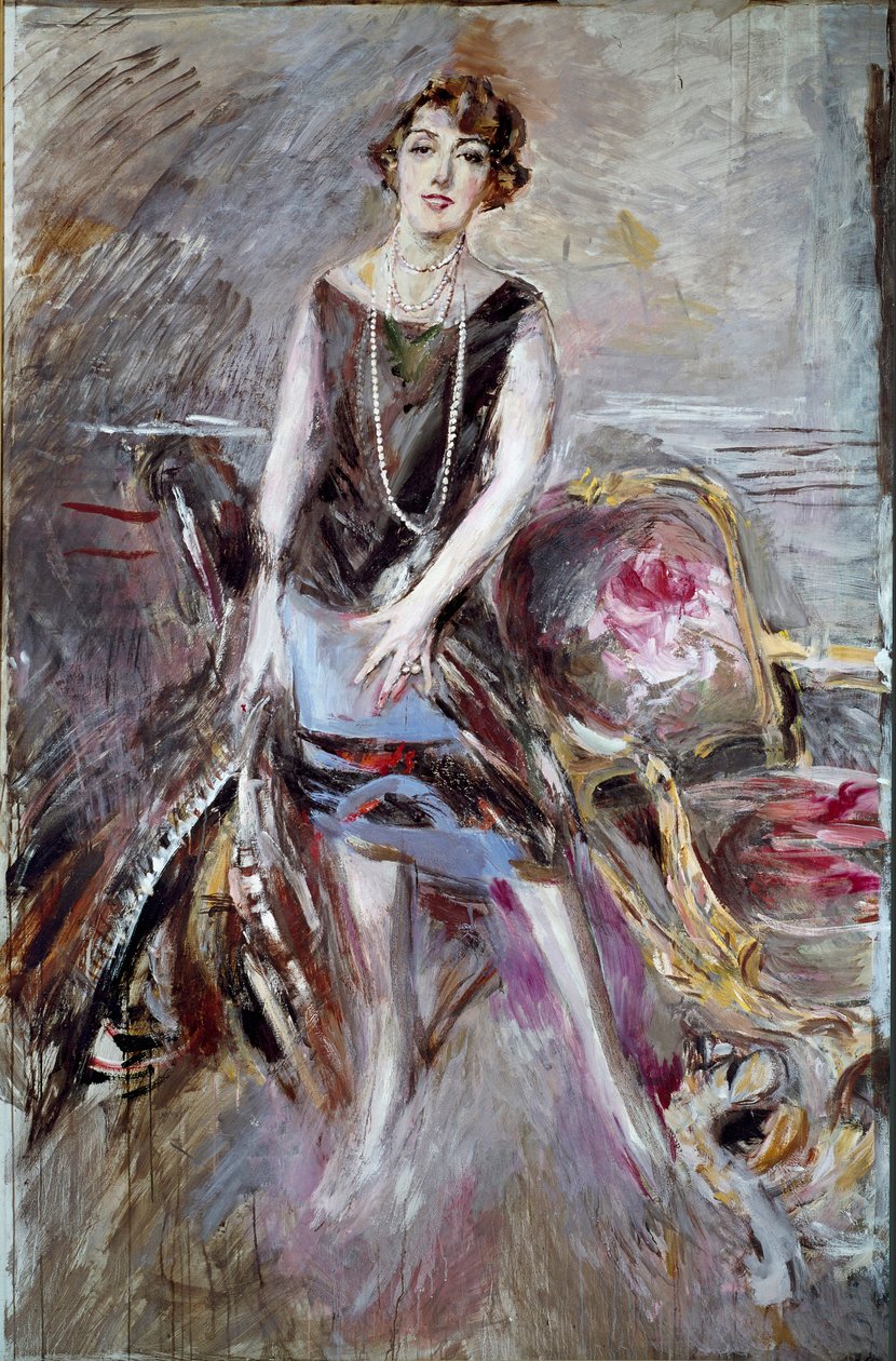 Portræt af Madame Corbitt Hun er tusindfryd på mode af skøre år. Maleri af Giovanni Boldini (1842-1931) 1925 søn. 185x122 cm Pistoia kollektion Boldini af Giovanni Boldini