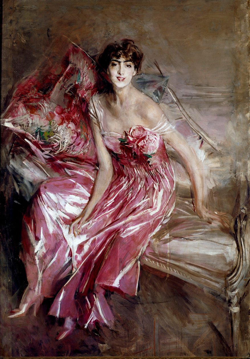 Portræt af Madame Olivia Concha de Fontecilla eller Damen i lyserødt maleri af Giovanni Boldini af Giovanni Boldini