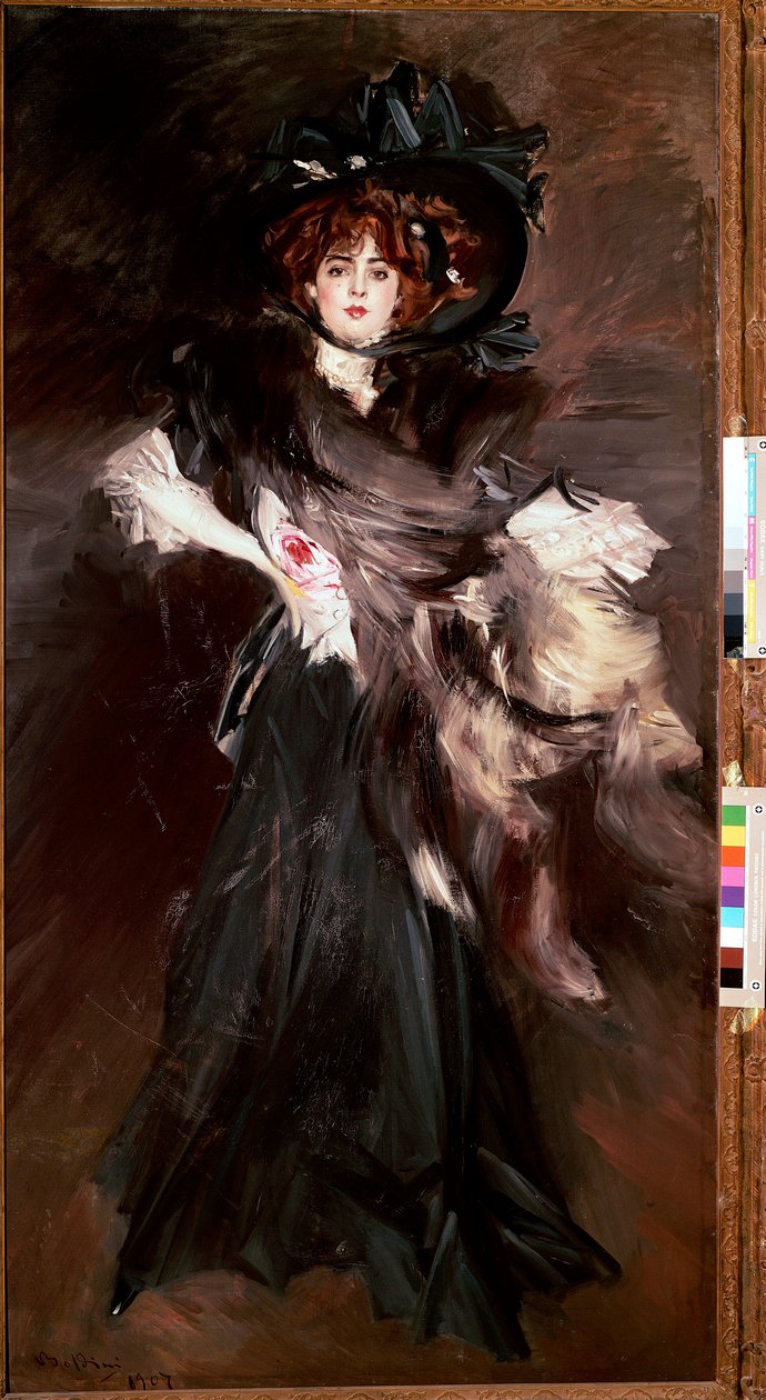 Portræt af Mademoiselle Lantelme Ung kvinde klæder sig i sort mode Belle Epoque. Maleri af Giovanni Boldini (1842-1931) 1907 søn. 227x118 cm Rom, Nationalgalleriet for moderne kunst af Giovanni Boldini