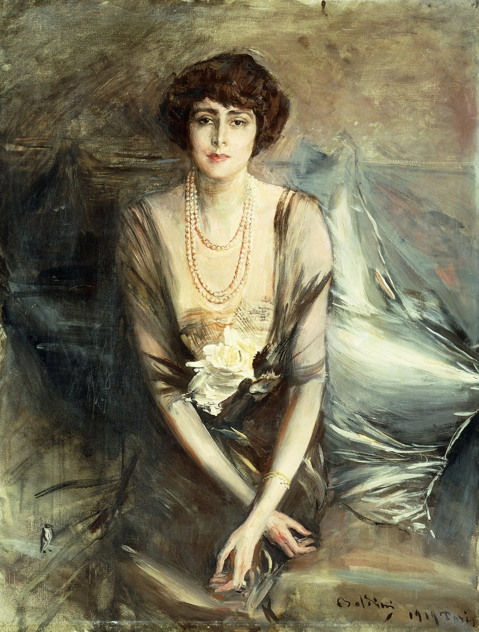 Portræt af Mrs. George McFadden siddende, trekvart længde, 1919 af Giovanni Boldini
