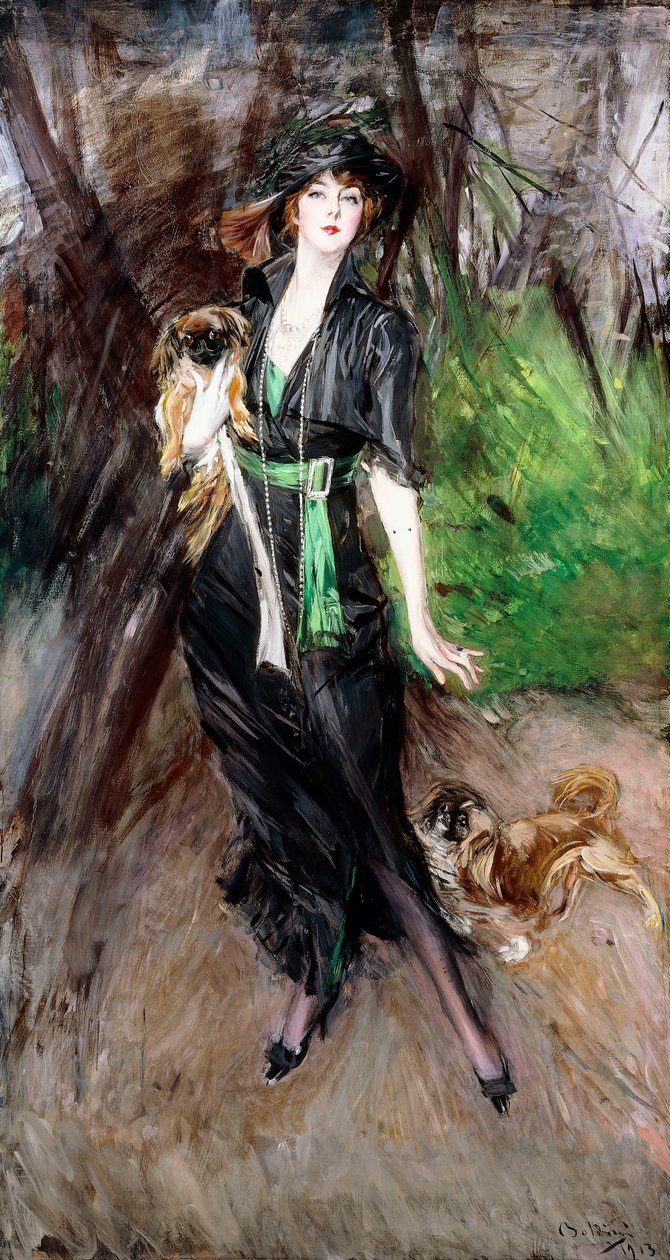 Portræt af en dame, Lina Bilitis, med to Pekineser, 1913 af Giovanni Boldini