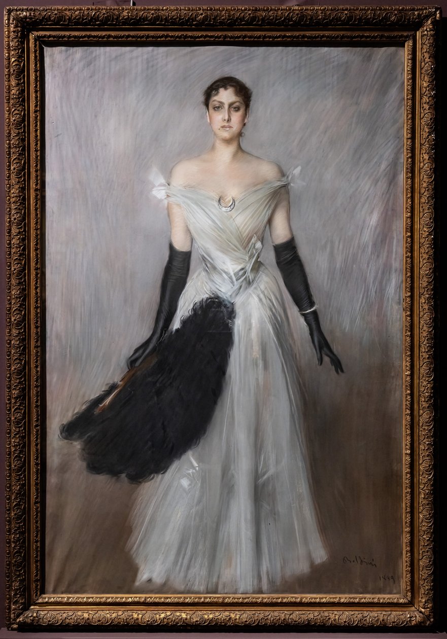 Portræt af en dame i hvidt med handsker og ventilator af Giovanni Boldini