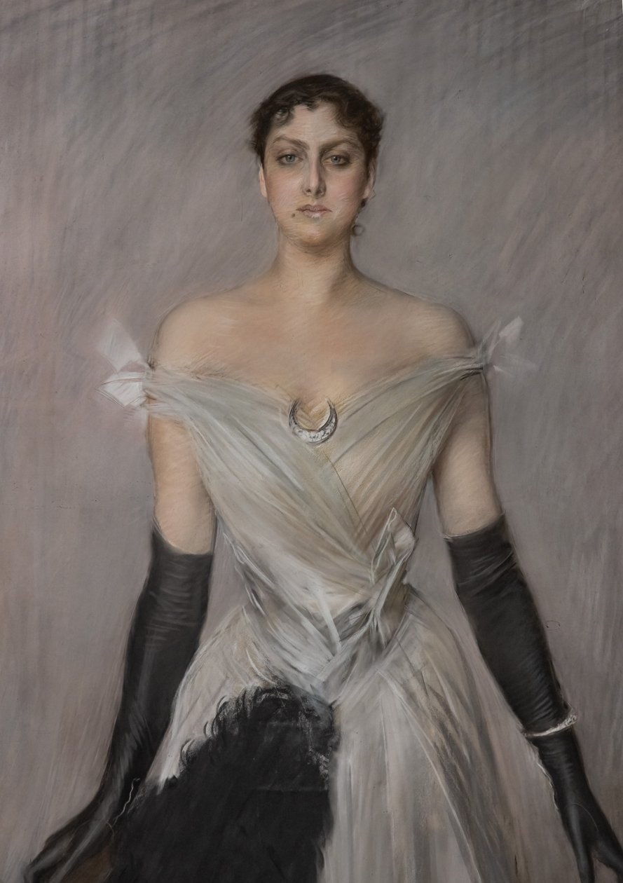 Portræt af en dame i hvidt med handsker og fan, detaljer af Giovanni Boldini