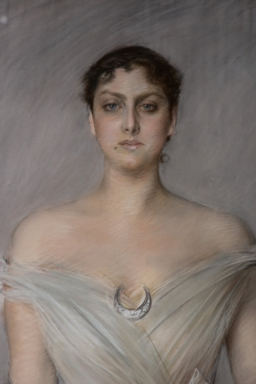 Portræt af en dame i hvid med handsker og ventilator, detalje af Giovanni Boldini