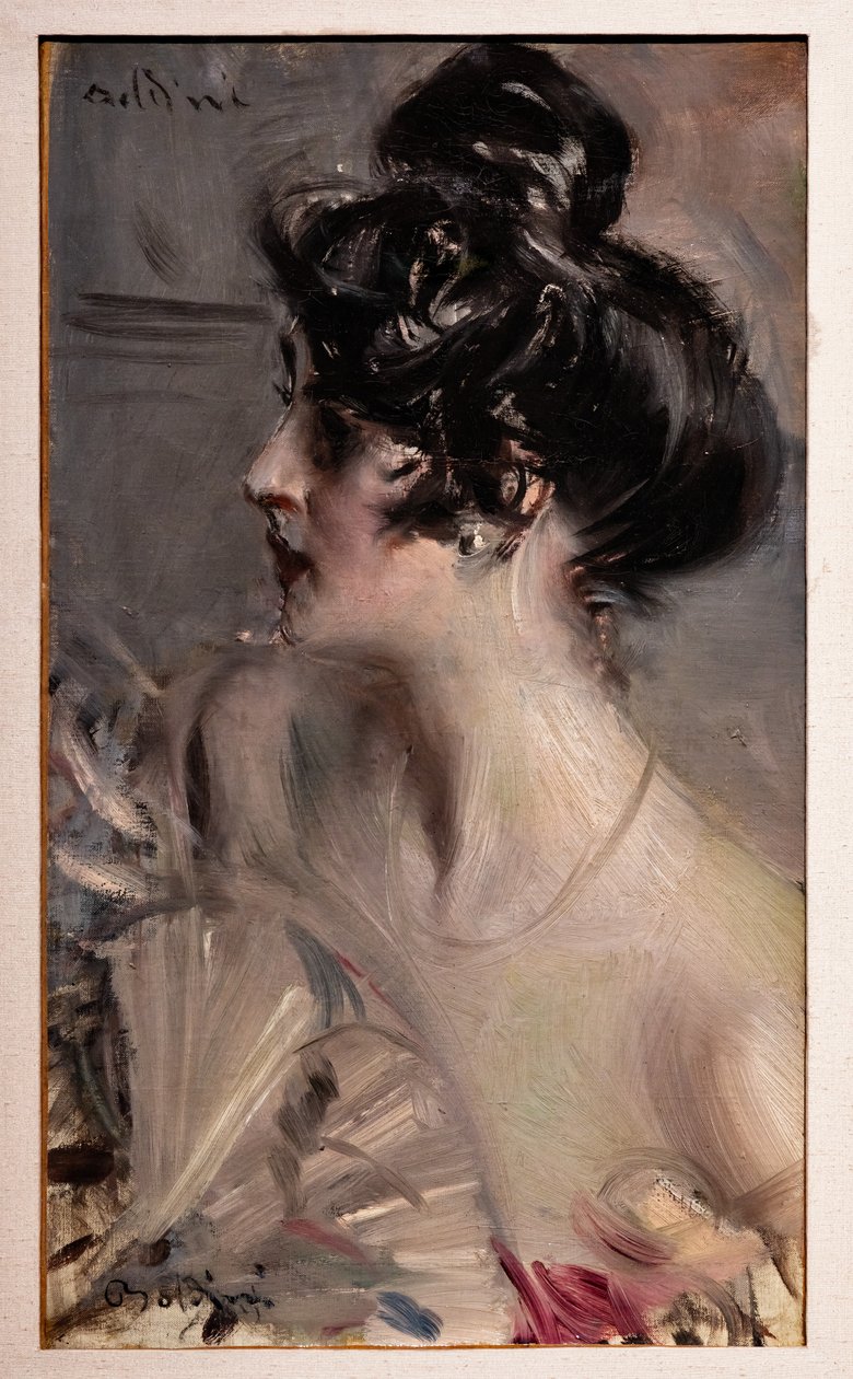 Profil af en ung brunette med sit hår i en knold af Giovanni Boldini
