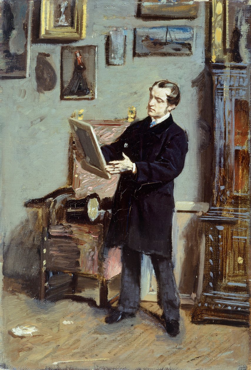 Selvportræt af Giovanni Boldini, der ser på et billede, ca. 1865, af Giovanni Boldini (1842-1931), olie på lærred, 32x22,5 cm. af Giovanni Boldini