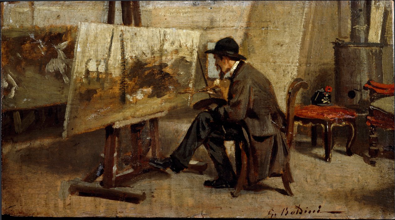 Maleren Giovanni Fattori i sit værksted Maleri tilskrevet Giovanni Boldini (1842-1931) 1863-1869 Søn. 13x24 cm Milan privat samling af Giovanni Boldini
