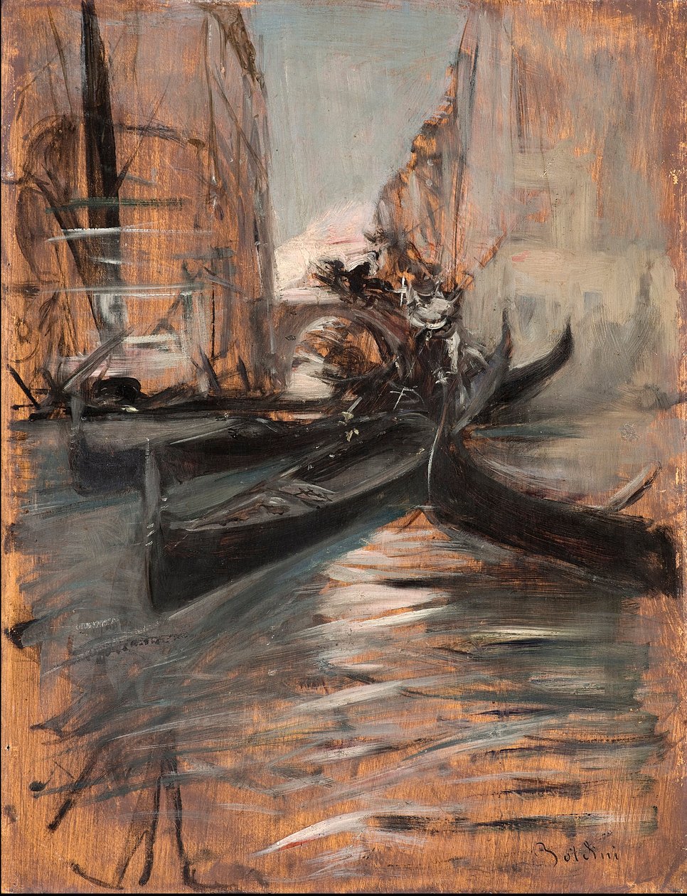 Udsigt over en kanal i Venedig med gondoler (Venetiansk kanal og gondoler) Maleri af Giovanni Boldini (1842-1931) 1910-1914 Privatsamling af Giovanni Boldini
