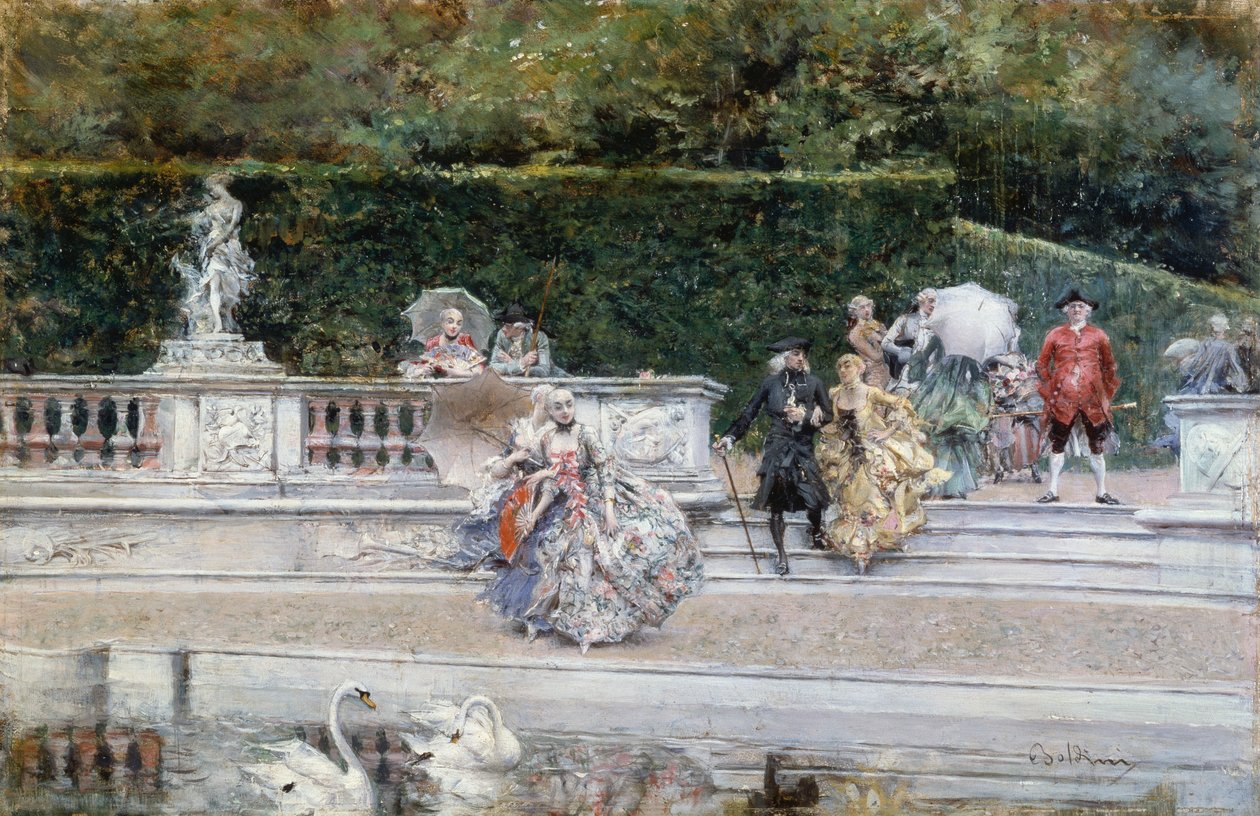 Udsigt over Versailles have med folk klædt i tøj fra det attende århundrede, af Giovanni Boldini (1842-1931), olie på panel af Giovanni Boldini