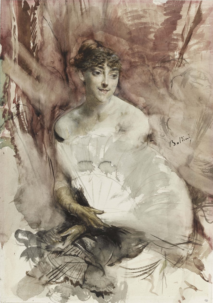 Kvinde med vifte siddende i en teaterboks grevinde af Rasti, ca 1878 af Giovanni Boldini