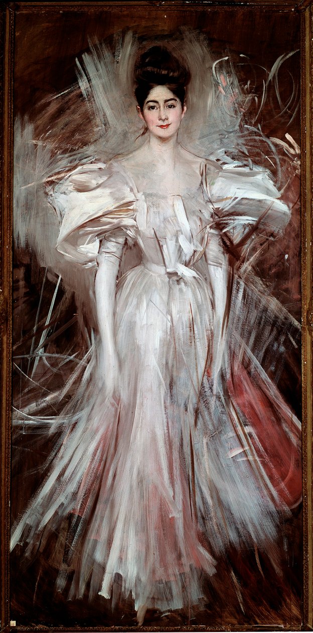 Ung kvinde drønet i hvid satin (Fyrværkeri) Maleri af Giovanni Boldini (1842-1931) 1892 Dim. 200x101 cm Pistoia, Boldini samling af Giovanni Boldini