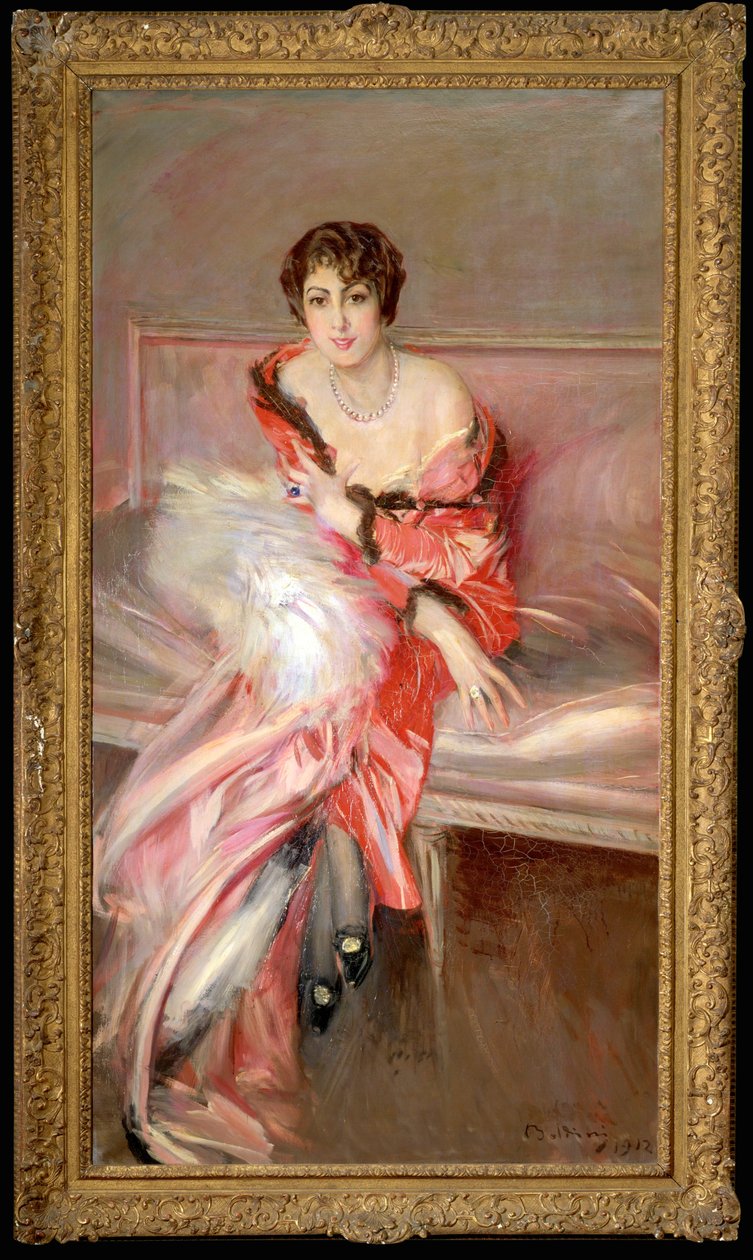Yung kvinde i pink i malerens atelier ... (maleri på lærred) af Giovanni Boldini