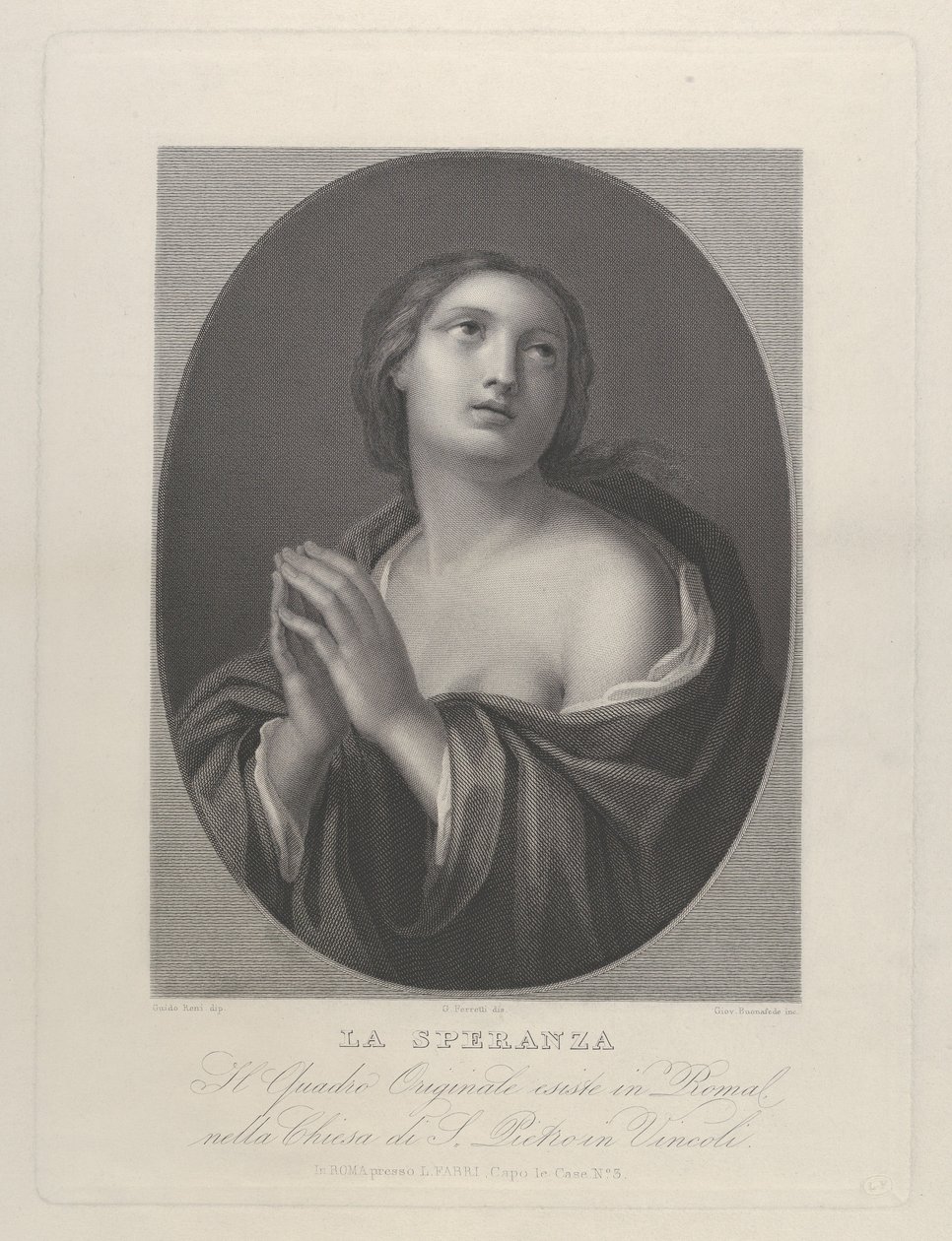 Kvindelig personificering af Hope ser op med hænder holdt sammen og venstre skulder..., ca. 1835-81. af Giovanni Buonafede
