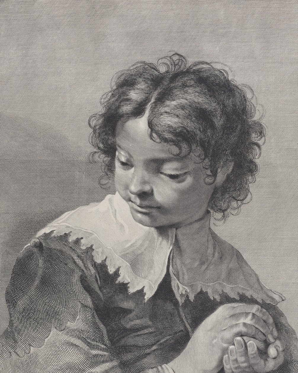 Dreng med blondekrave med et stykke frugt i hænderne, 1743. af Giovanni Cattini