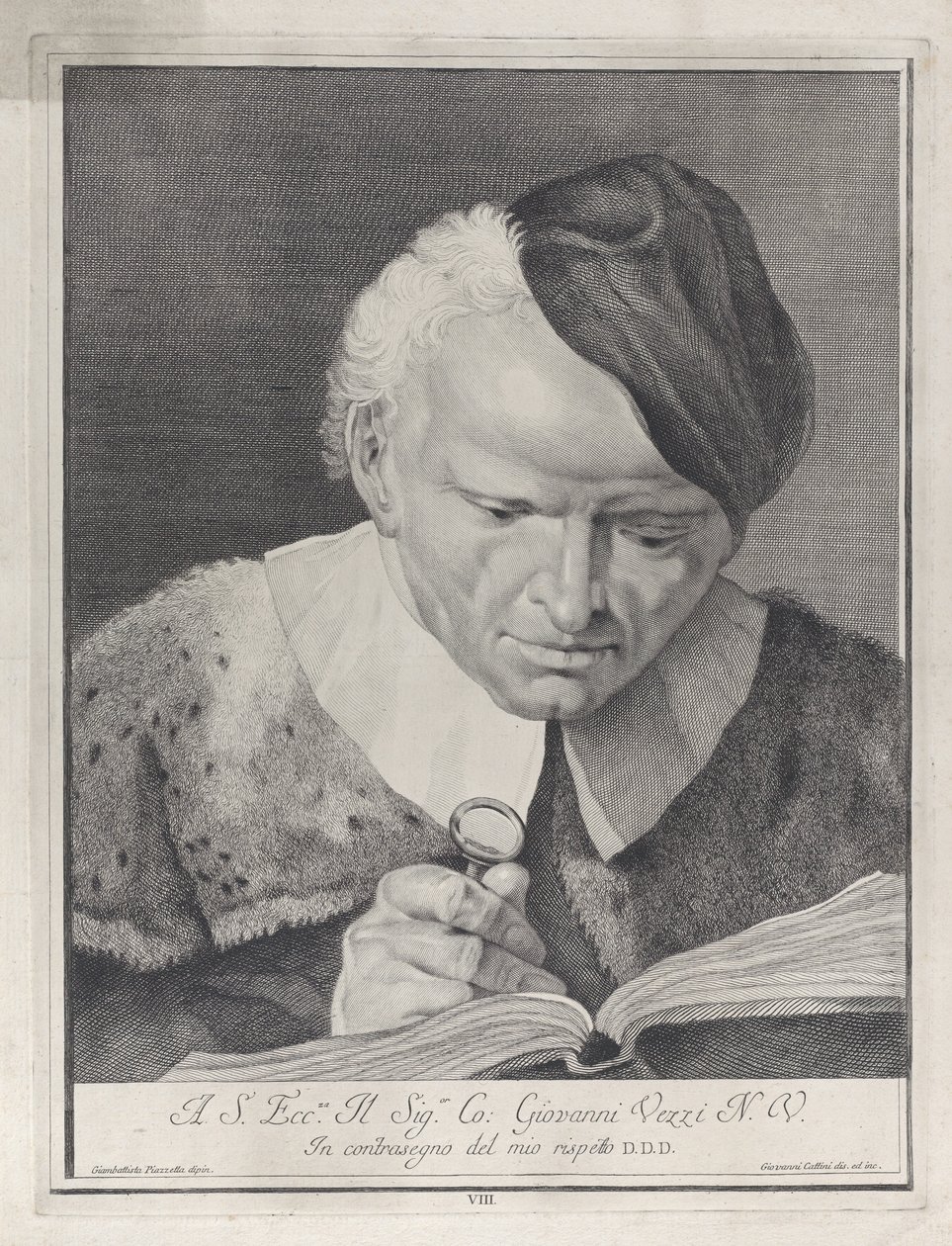 Mand i hat læser en bog med forstørrelsesglas, 1743. af Giovanni Cattini